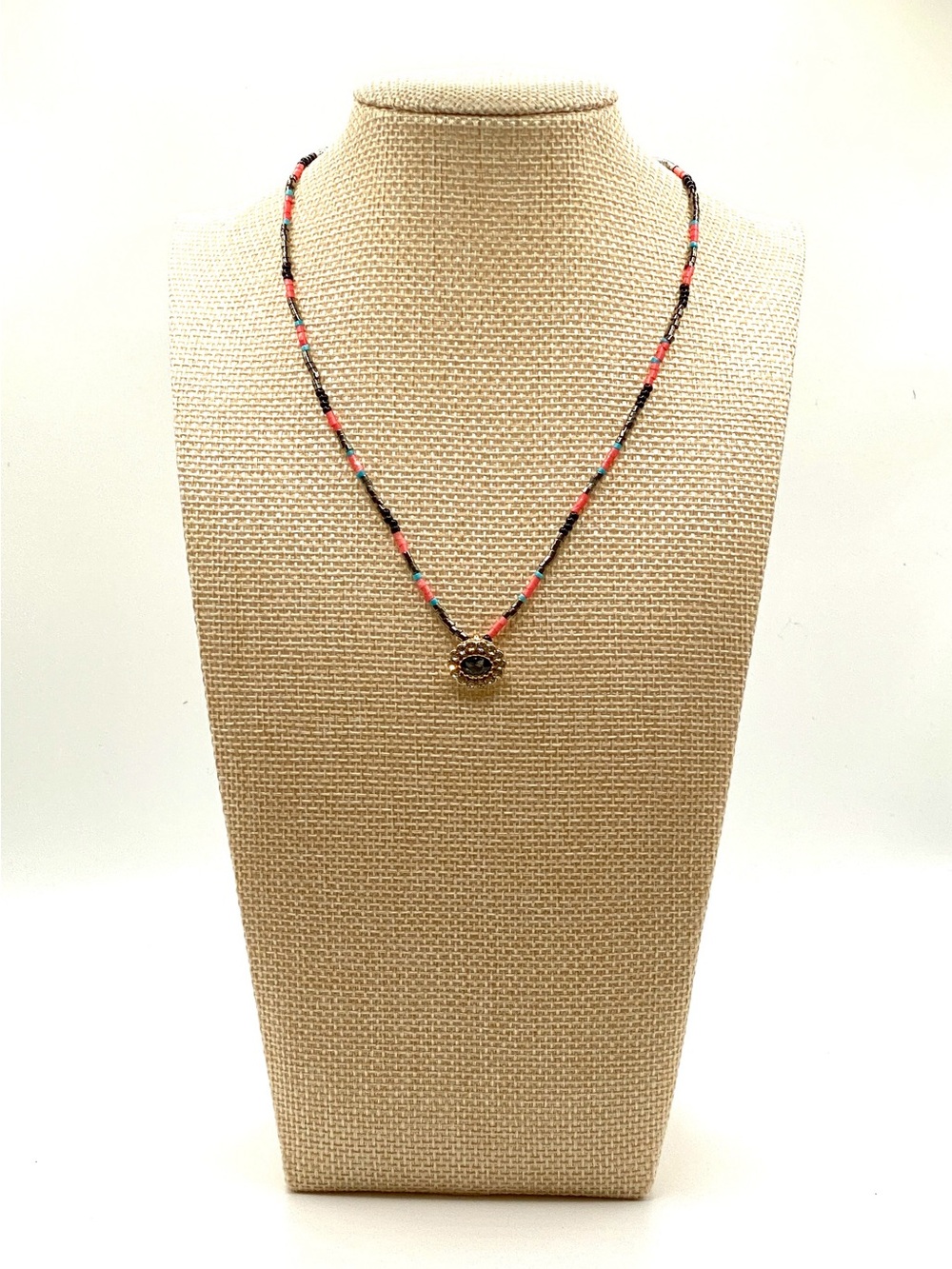 Plunder Design Multi Color Seed Bead Rhinestone Halo Flower Pendant Necklace